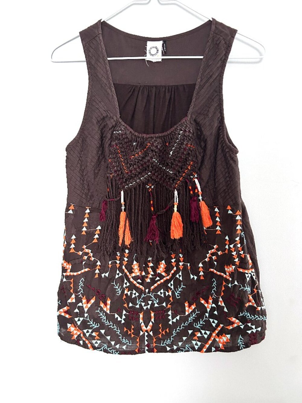 Anthropologie Akemi + Kin Embroidered Boho Tank Top Tassel Size S